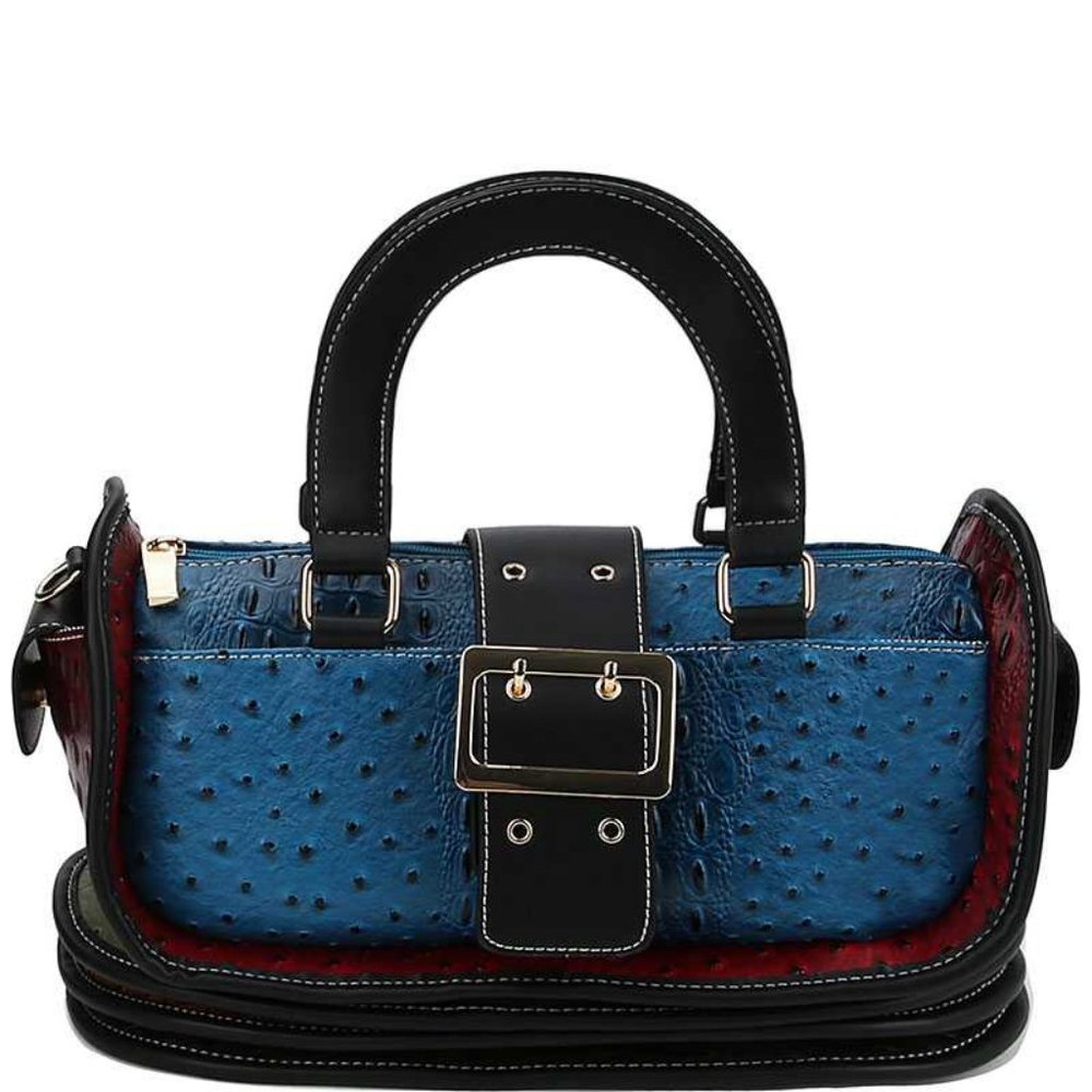 Blue Buckle Accent Satchel Animal Pattern Handbag